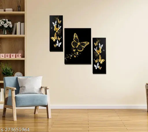 Blue Art Gallary Set Of 3 butterfly and Ganesha Religious Modern Art Wall Paintings.