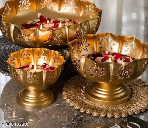 Gold Decorative Bowl for Floating Flowers and Candles Entrance Centre Color- Gold (Pack of 3) l Golden Metal .