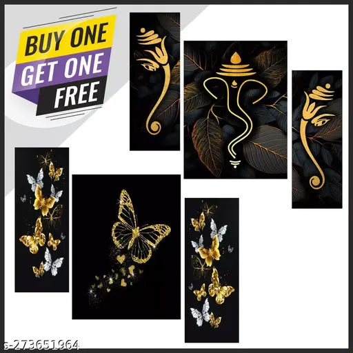 Blue Art Gallary Set Of 3 butterfly and Ganesha Religious Modern Art Wall Paintings.