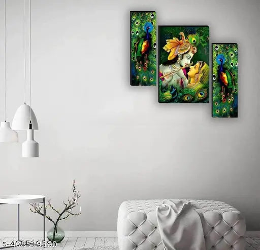 krishna set of 3 Panel Painting Digital Reprint 18 inch x 30 inch Painting  (Without Frame, Pack of 3)