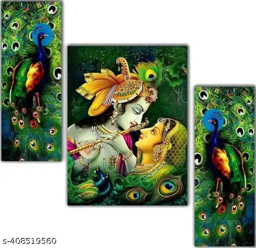 krishna set of 3 Panel Painting Digital Reprint 18 inch x 30 inch Painting  (Without Frame, Pack of 3)