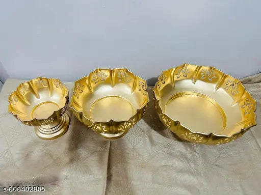 Gold Decorative Bowl for Floating Flowers and Candles Entrance Centre Color- Gold (Pack of 3) l Golden Metal .