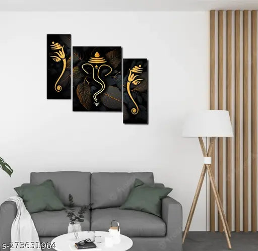 Blue Art Gallary Set Of 3 butterfly and Ganesha Religious Modern Art Wall Paintings.