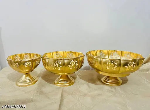Gold Decorative Bowl for Floating Flowers and Candles Entrance Centre Color- Gold (Pack of 3) l Golden Metal .