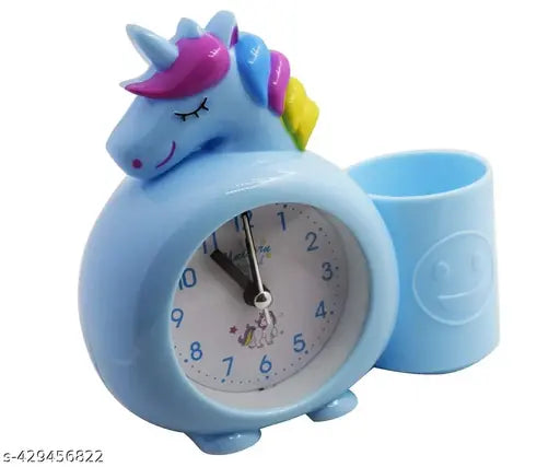 Kids Unicorn Alarm Clock with Pen Stand, Table Clock for Birthday Return Gift, Plastic Cute Cartoon Theme Desk Alarm Clock for Kids