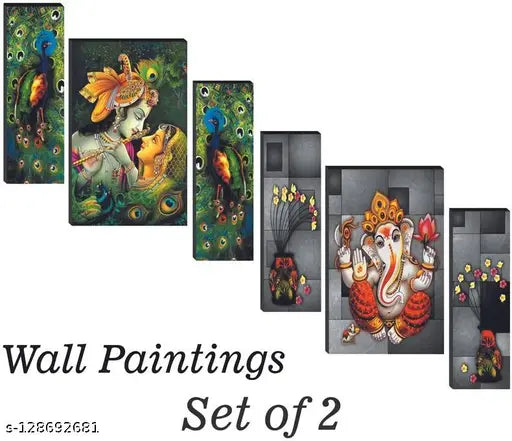 Combo Painting - Set of 3 Shree Radhe Krishna and Shree Ganesha Modern art Home decorative gift item wall painting 12 inch X 18 inch